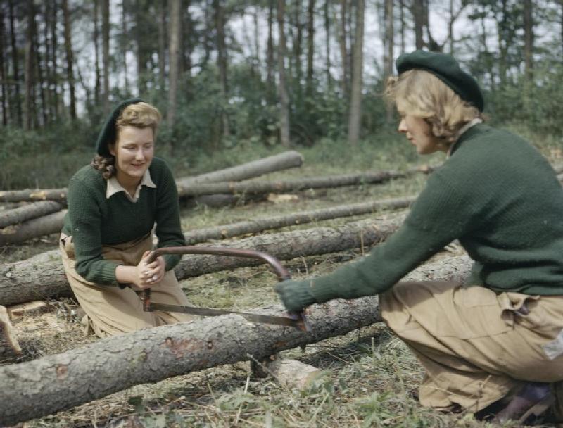 Land_Army_girls_sawing_larch_poles_for_use_as_pit_props_at_the_Women's_Timber_Corps_training_camp_at_Culford_in_Suffolk._TR912
